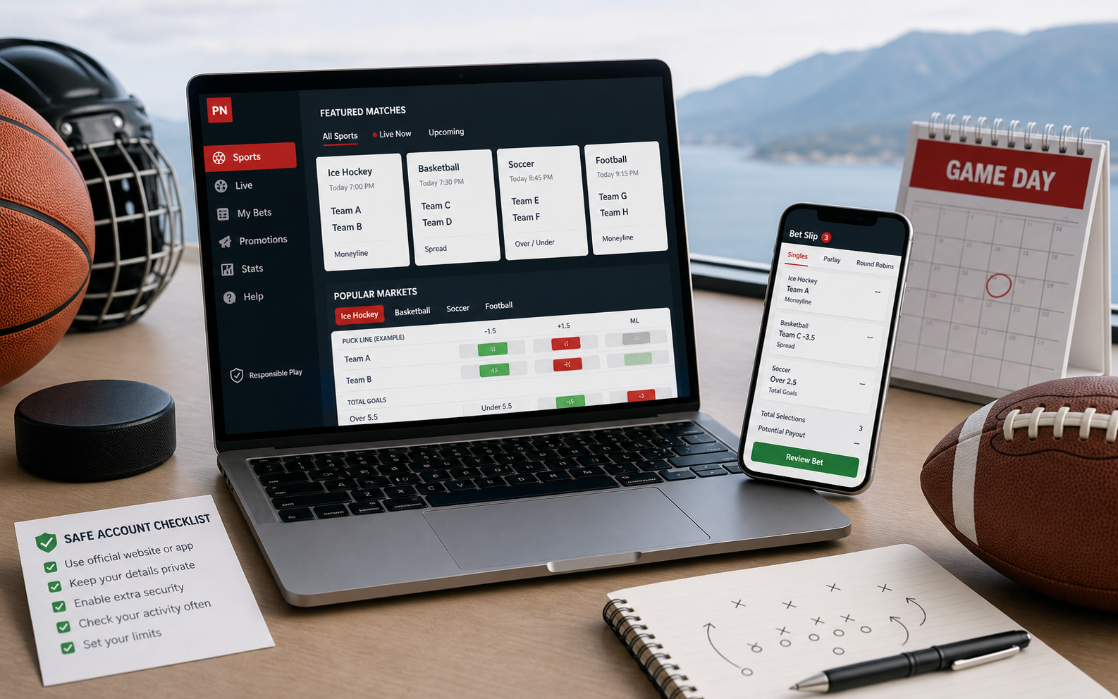 Sports markets and bet slip on desktop and phone